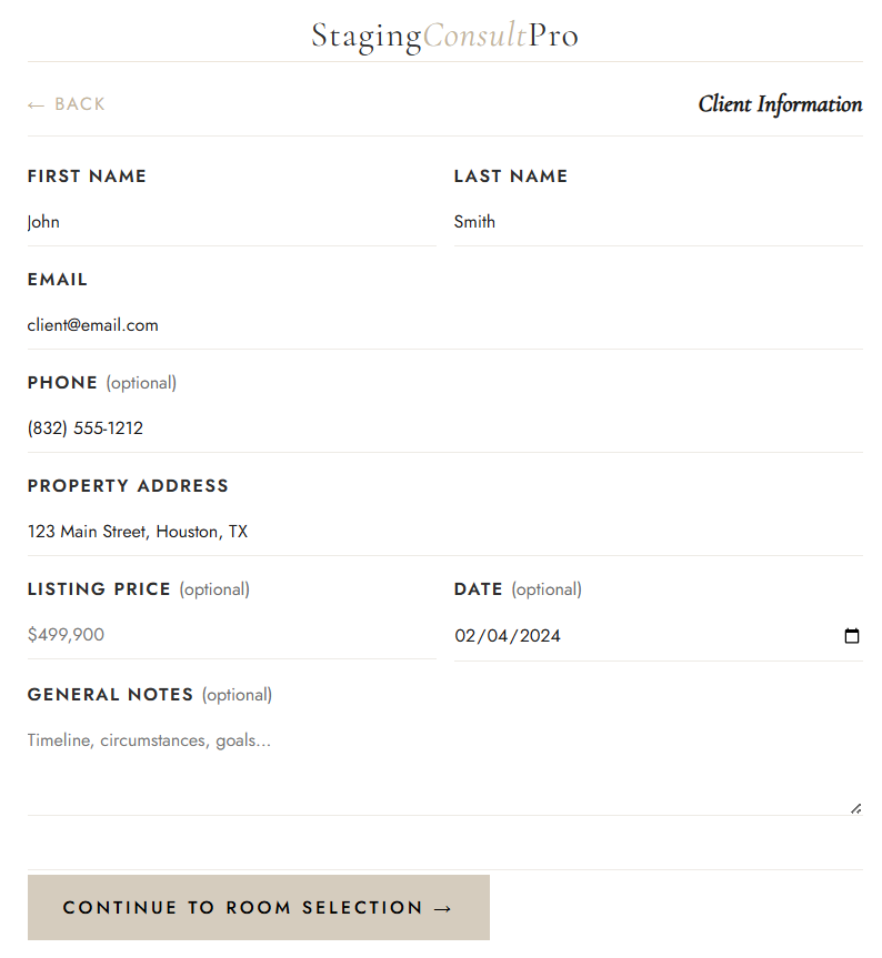 Entering client and property information in StagingConsultPro
