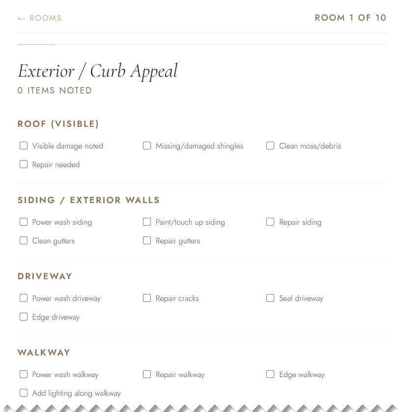 Room-by-room staging checklist for exterior and curb appeal
