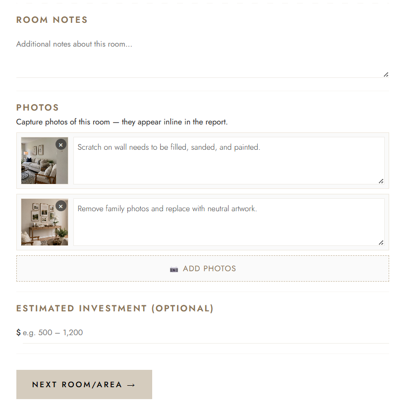 Adding photos and notes for a room in StagingConsultPro