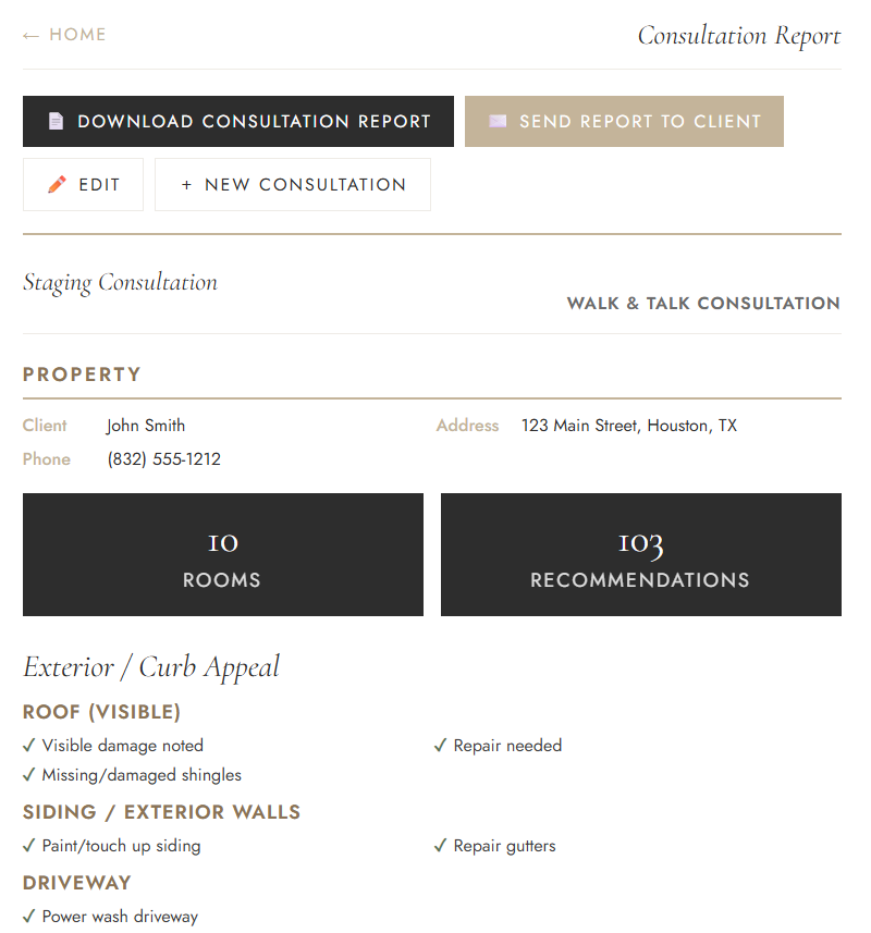 Consultation report summary screen with download and send options