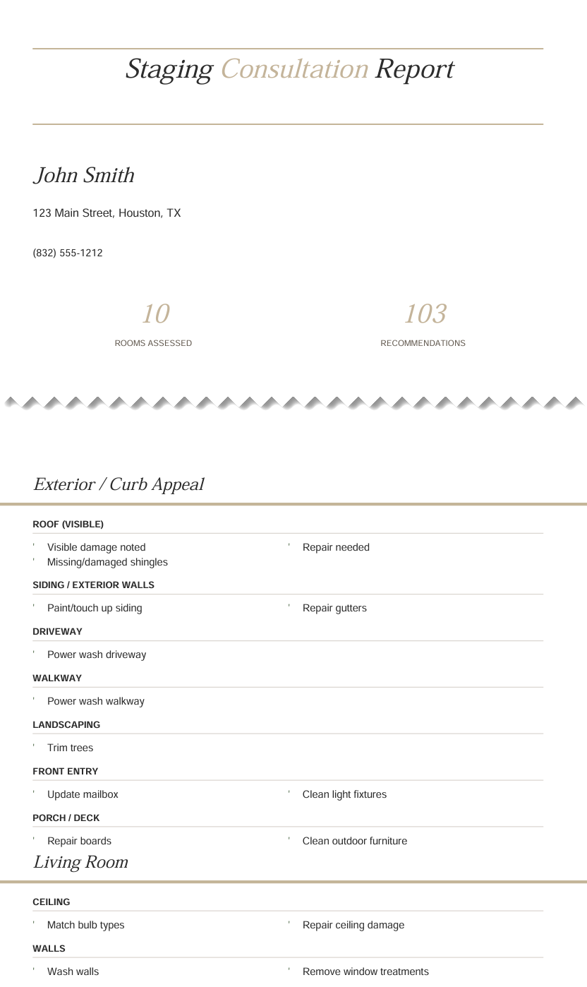Finished branded staging consultation report delivered to the client